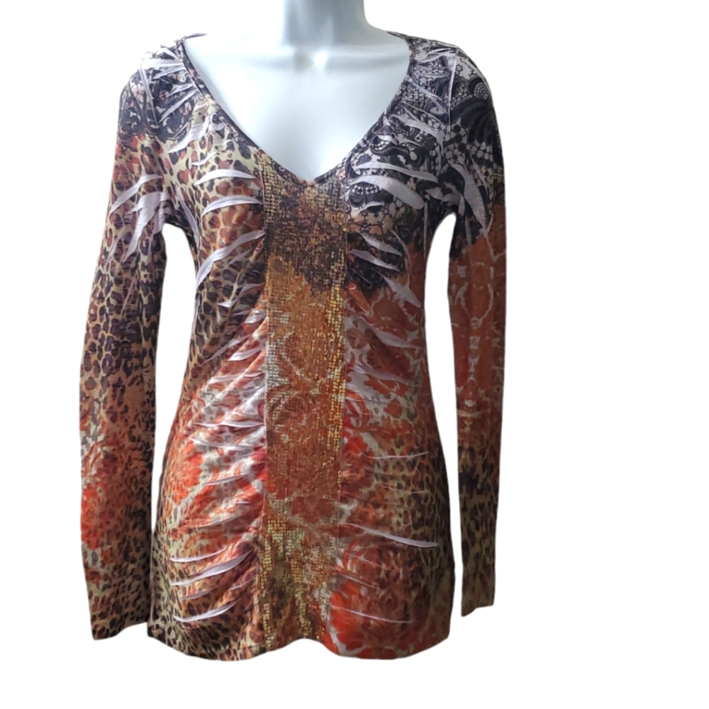Vintage y2k 2000 Womens orange black Ombre Leopard Print Sequin longsleeve Shirt